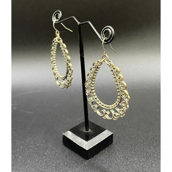 Silver Plated Filigree Inspired Teardrop Hoop Earrings - Picture 3 of 4